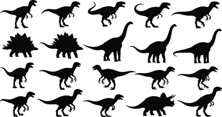 Silhouette dinosaur species collection in grid layout featuring Velociraptor, Stegosaurus, Brachiosaurus, Triceratops for educational and scientific use © Eyaruna's World