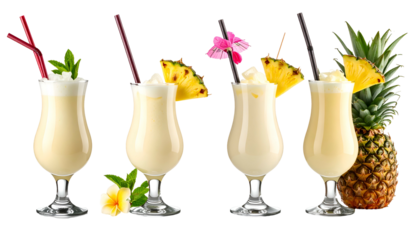 Tropical cocktail glasses with garnishes. Dark background with pineapple, straws and whipped cream