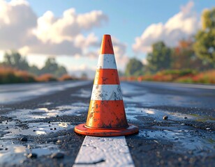 Close-up of a single orange and white traffic cone centered on a wet asphalt road, flanked by lane markings