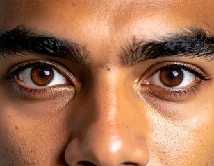 Close-up of a person's brown eyes and part of their face, showcasing details in the skin and hair