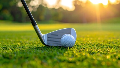 Close-up of a golf club poised above a ball on a green lawn, sunlit with bright golden light