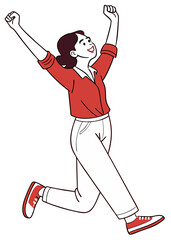 a happy woman in a red shirt and white pants
