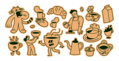Vector stickers and badges in doodle sketchy style with coffee shop emblems and logos, specialty coffee shop concepts and illustrations