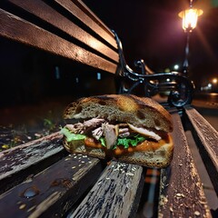 Abandoned Sandwich on Park Bench at Night