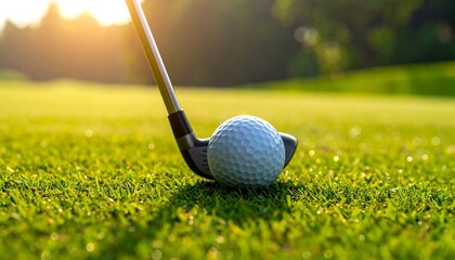 Close-up of a golf club poised to strike a ball, resting on vibrant green grass with sunlit background