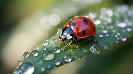 Fototapeta premium Ladybug insect on green leaf with water drops