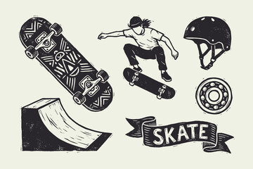 Retro Skateboard Elements Set: Skater Jumping, Deck, Helmet, and Ramp Linocut Style Illustrations. © Ghaghah24