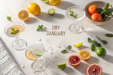 Dry January Refreshing Citrus Mocktails Flat Lay with Fresh Lemons Limes and Mint