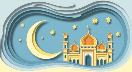 A beautiful Islamic mosque with a crescent moon and stars in a layered paper-cut art style, evoking a sense of peace and spirituality during Ramadan or Eid.