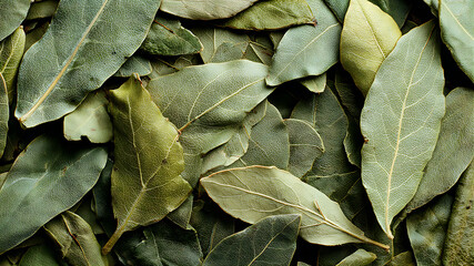 Fototapeta premium Dried bay leaf pieces forming a full spice texture, top-down organic pattern