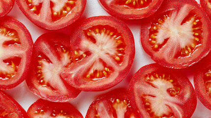Fresh tomato slices arranged to cover the full frame, juicy red pulp and seeds