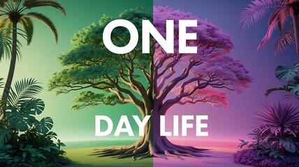 One day life concept with inspirational text over fantasy tree landscape at sunrise, motivational background
