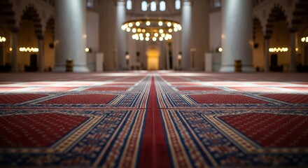 An empty, grand mosque interior with a long, ornate carpet leading towards a chandelier.