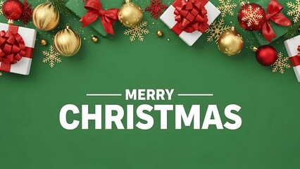 Festive merry christmas greeting card design featuring luxurious gold and red holiday ornaments surrounding crisp white gift boxes atop a vibrant green background ideal for seasonal promotion.