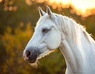 Close-up of a graceful white equine head, bathed in warm sunset hues. Golden bokeh backdrop adds depth and radiance
