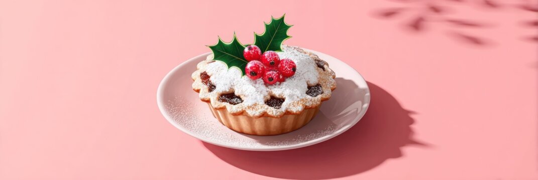 Christmas mince pie with holly and red berries on a pink background