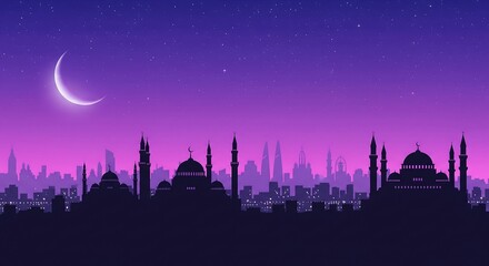 A beautiful crescent moon shines over a silhouetted cityscape featuring mosques and modern buildings under a starry purple sky.