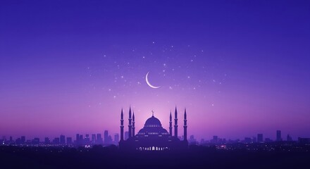 A majestic mosque silhouetted against a vibrant purple twilight sky, with a crescent moon and stars above the city skyline.