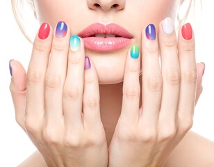 Close-up of a person's face and hands, showcasing multicolored, gradient-style nail polish. The pose emphasizes the vibrant colors