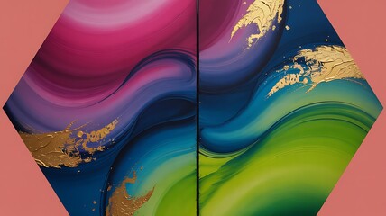 Abstract colorful fluid art triptych with flowing gradients and gold accents, modern wall art background
