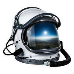 Astronaut helmet reflecting a distant planet or new world