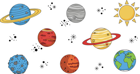 Cartoon solar system illustration with colorful planets sun Earth and stars simple space elements for education and science design © Sujoy