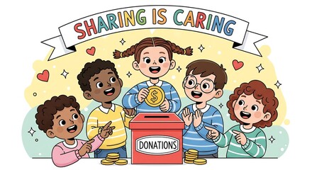 Diverse group of happy children donating coins to a red donation box with "DONATIONS" written on it, under a banner that says "SHARING IS CARING".