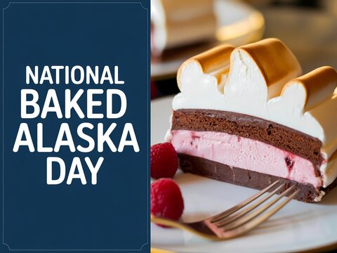 A slice of baked alaska on a plate with a fork and raspberries on national baked alaska day