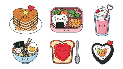 Cute Culinary Delights: A collection of heart-shaped treats including pancakes, sushi and a drink. Celebrate the joy of food with these delightful edible artworks.