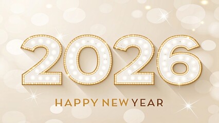 Happy New Year 2026 with shiny gold numbers on beige background