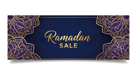 Ramadan Sale banner with intricate gold and purple mandala designs on a dark blue background.