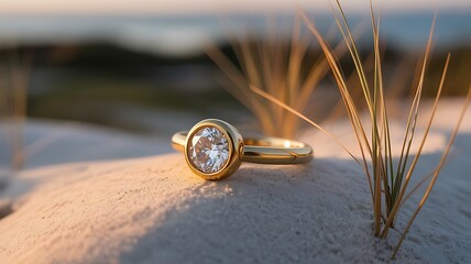 Elegant gold diamond ring resting on sand in natural light