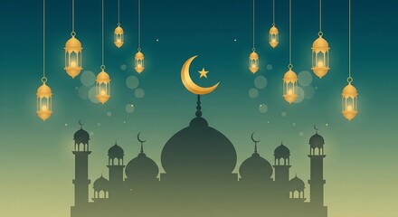 A beautiful Islamic mosque silhouette with a crescent moon and star on top, illuminated by hanging lanterns against a gradient sky.