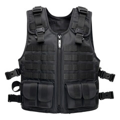 Black modular tactical vest featuring multiple pouches and adjustable straps for outdoor activities isolated on transparent background