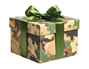 Camo gift box with green ribbon on black background