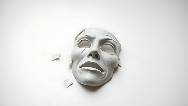 reassembled. A fragmented theatrical mask with pieces reassembled into a distorted expression. event programs, museum guides, designed for cultural heritage projects and event programs.
