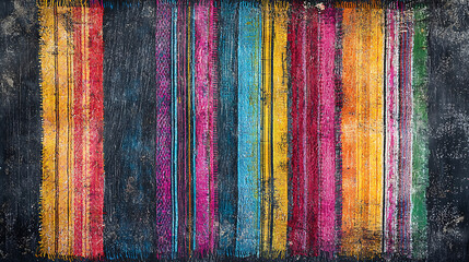 Vibrant vertical stripes in bold, saturated hues overlay a dark, textured background, creating a dynamic, abstract composition with rich depth.