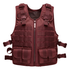 Rugged maroon tactical vest with molle webbing, front zipper, and adjustable buckles isolated on transparent background