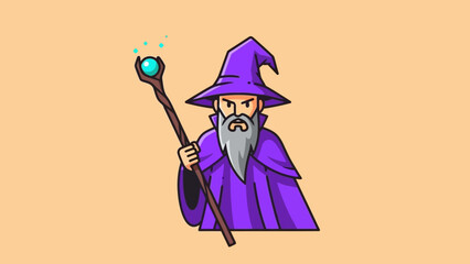 Cartoon Wizard with Staff and Pointed Hat Illustration.