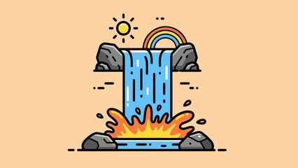 Cartoon Waterfall with Rainbow and Sun Illustration in Flat Design.