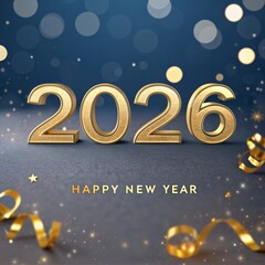 Golden 2026 New Year celebration with shiny ribbons and stars