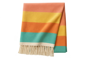 Folded colorful striped throw blanket with fringe
