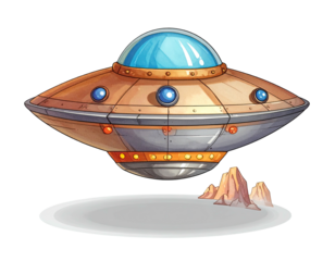 Cartoon UFO hovers over a desert