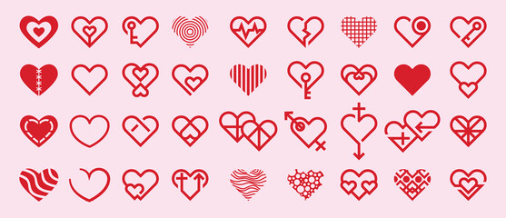 Red Heart Icon Set, Love and Valentine Heart Symbols Collection, Minimal Flat Romantic Heart Illustrations for Wedding, Dating, Health, Relationship, App, Web and Graphic Design