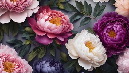 floral pattern featuring large multi colored peony blossoms and dark foliage against a gray backdrop