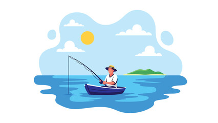 Modern vector illustration of man fisherman fishing from small boat in tropical sea with island background, peaceful vacation scene, ideal for travel and leisure visuals