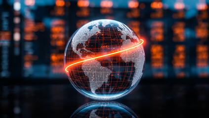 Global digital network and cloud computing technology concept with 3d world hologram in data center server room for big data storage, artificial intelligence, cyber security, and high speed internet