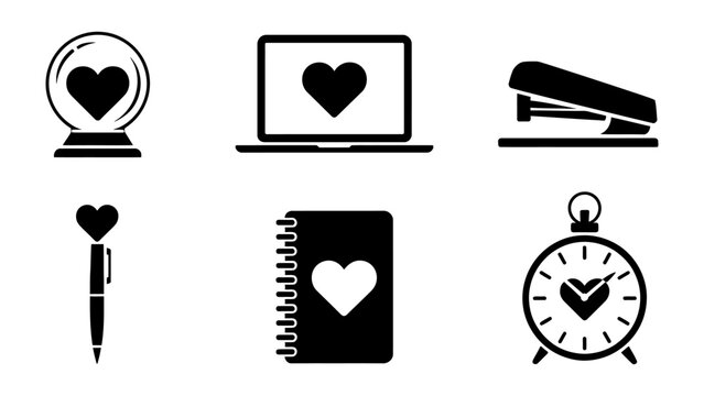 Love Symbols: A collection of simple black icons of heart in different objects. evoke sense of connection, emotion and bond. 