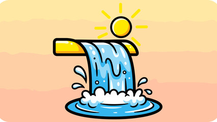 Cartoon Waterfall Illustration with Sun, Water, and Pipe.