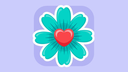 Stylized Teal Flower with Red Heart Center on Lavender Background.